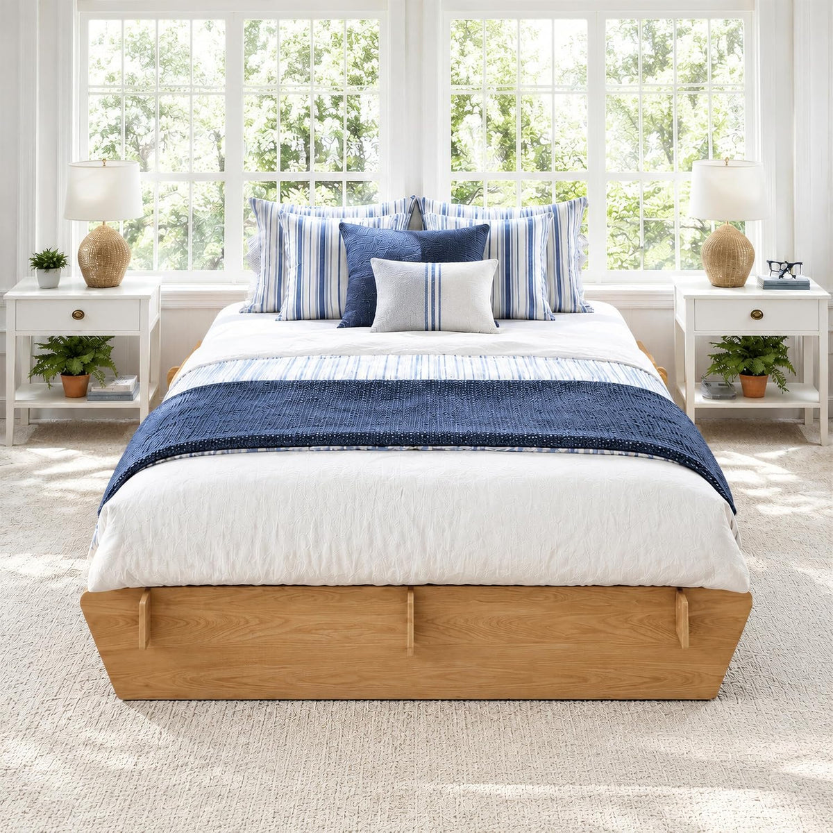 Queen Wood Platform Bed Frame 2 Drawers, Japanese Joinery, Natural