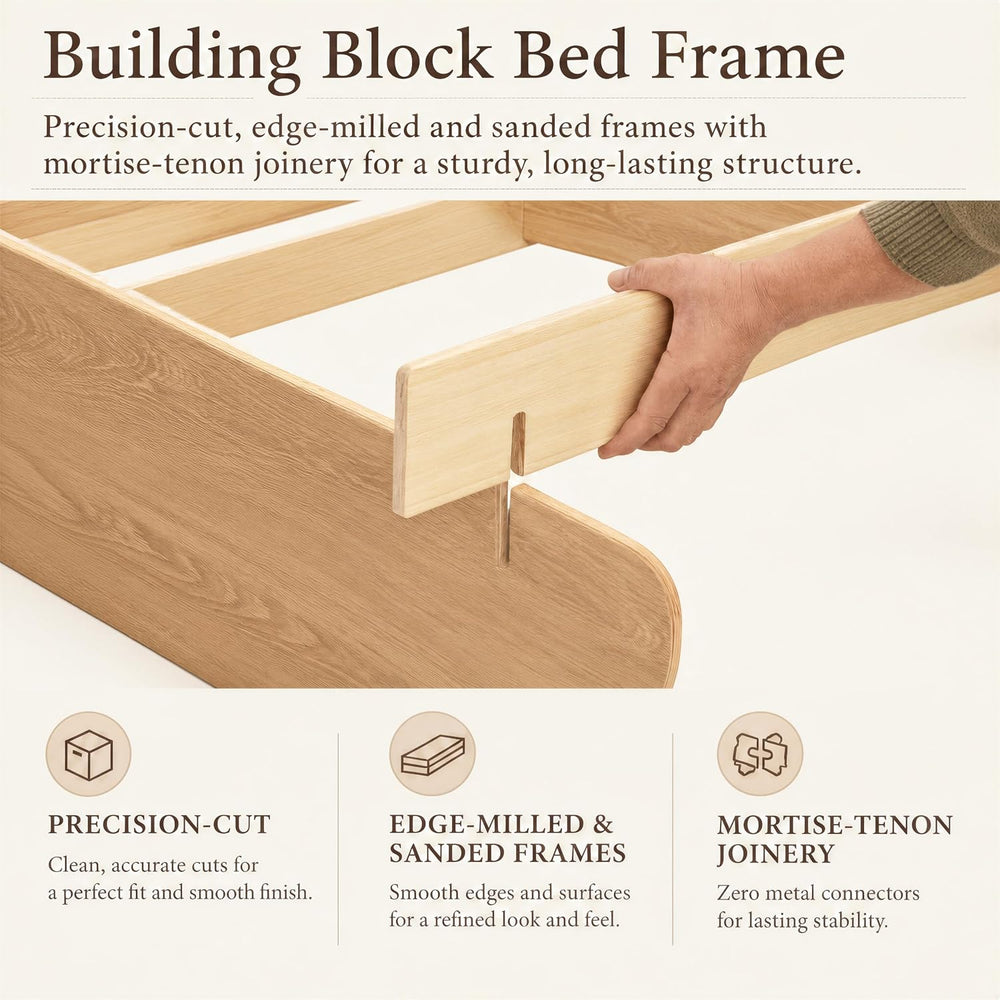 Queen Wood Platform Bed Frame 2 Drawers, Japanese Joinery, Natural