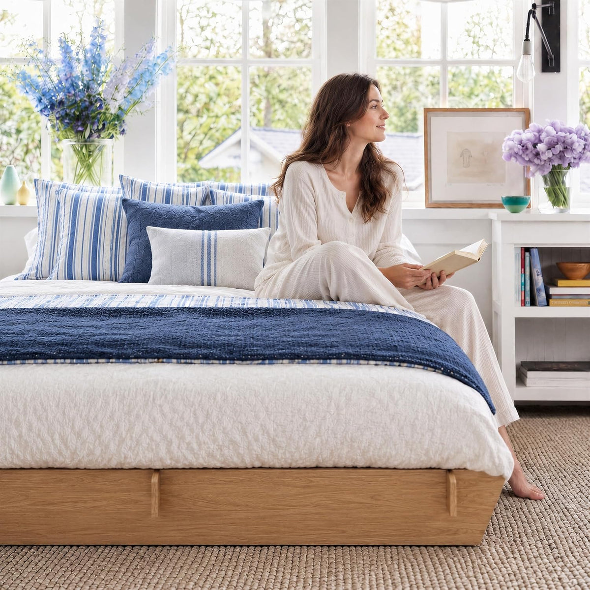 Queen Wood Platform Bed Frame 2 Drawers, Japanese Joinery, Natural