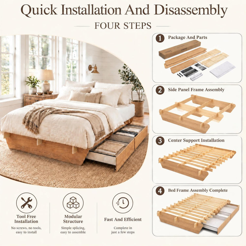 Queen Wood Platform Bed Frame 2 Drawers, Japanese Joinery, Natural