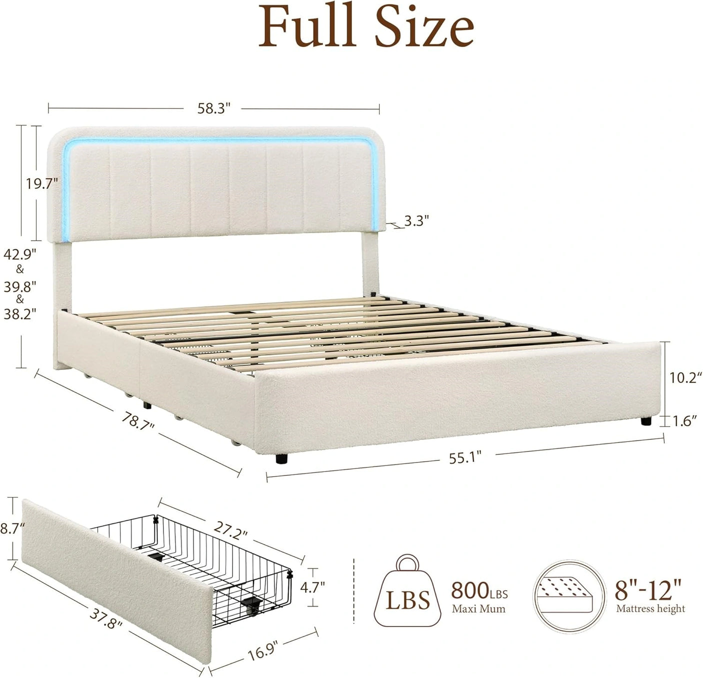 Yechen Luxe Bouclé Platform Bed Frame with Integrated Smart LED Lighting