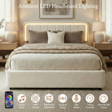 Yechen Luxe Bouclé Platform Bed Frame with Integrated Smart LED Lighting