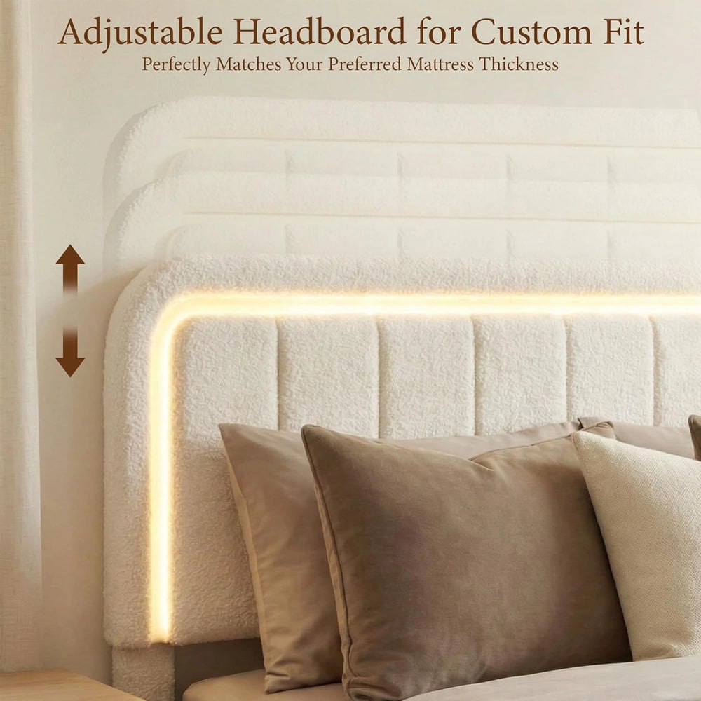 Yechen Luxe Bouclé Platform Bed Frame with Integrated Smart LED Lighting