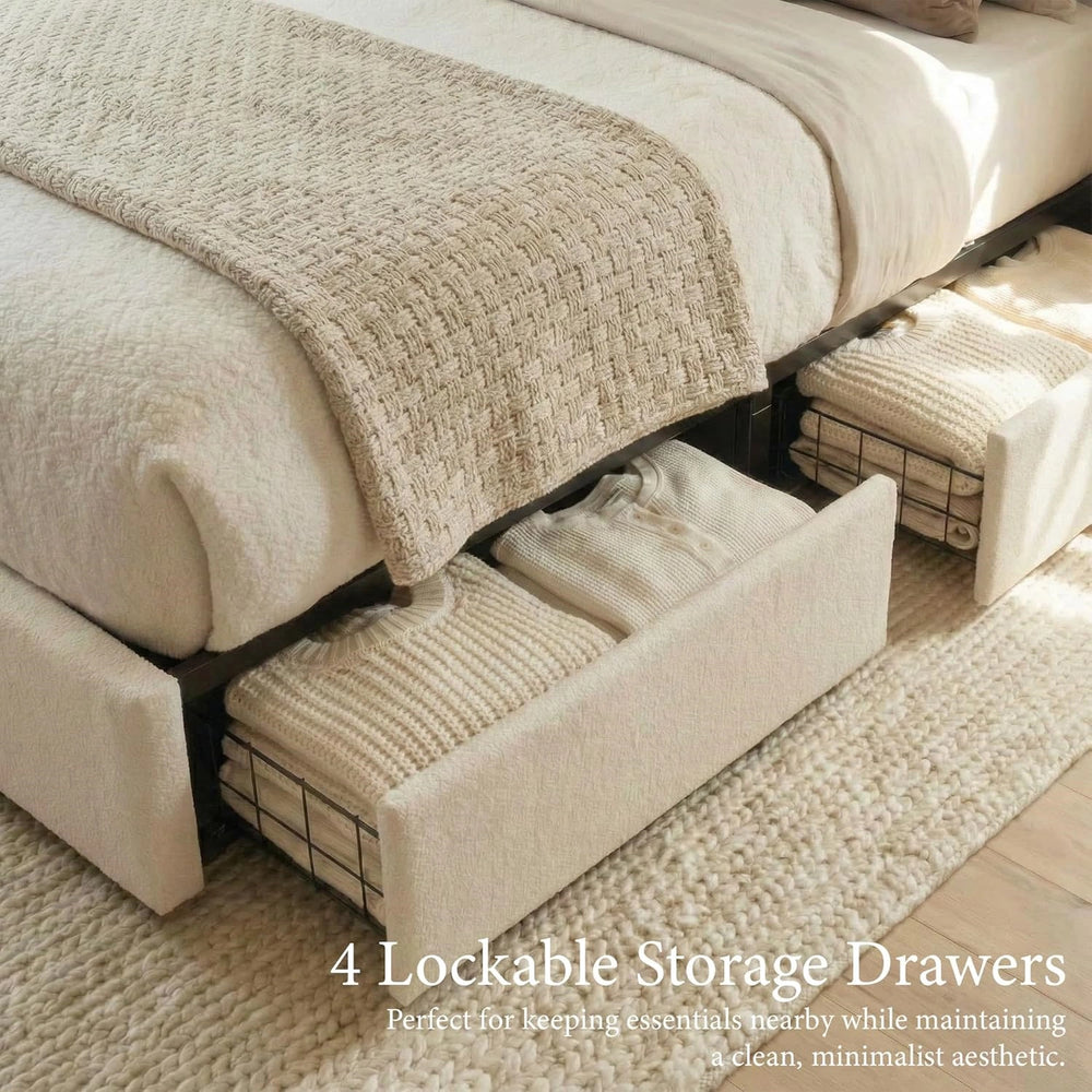 Yechen Luxe Bouclé Platform Bed Frame with Integrated Smart LED Lighting