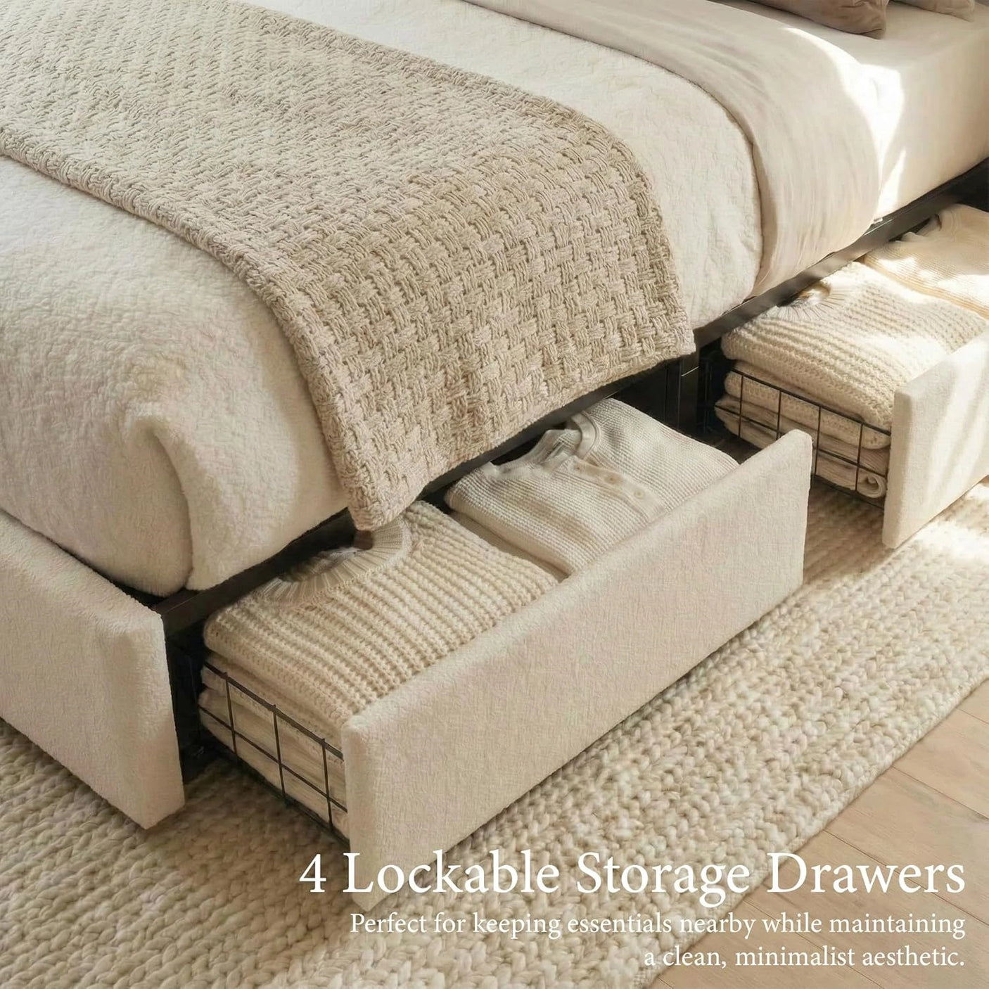 Yechen Luxe Bouclé Platform Bed Frame with Integrated Smart LED Lighting