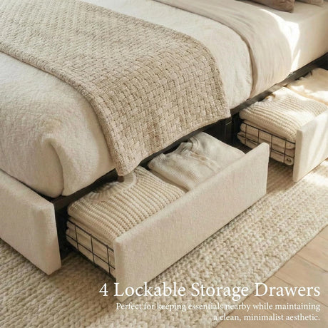 Yechen Luxe Bouclé Platform Bed Frame with Integrated Smart LED Lighting