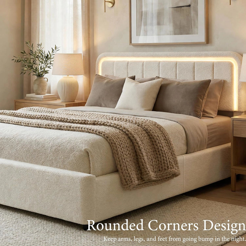 Yechen Luxe Bouclé Platform Bed Frame with Integrated Smart LED Lighting