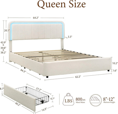 Yechen Luxe Bouclé Platform Bed Frame with Integrated Smart LED Lighting