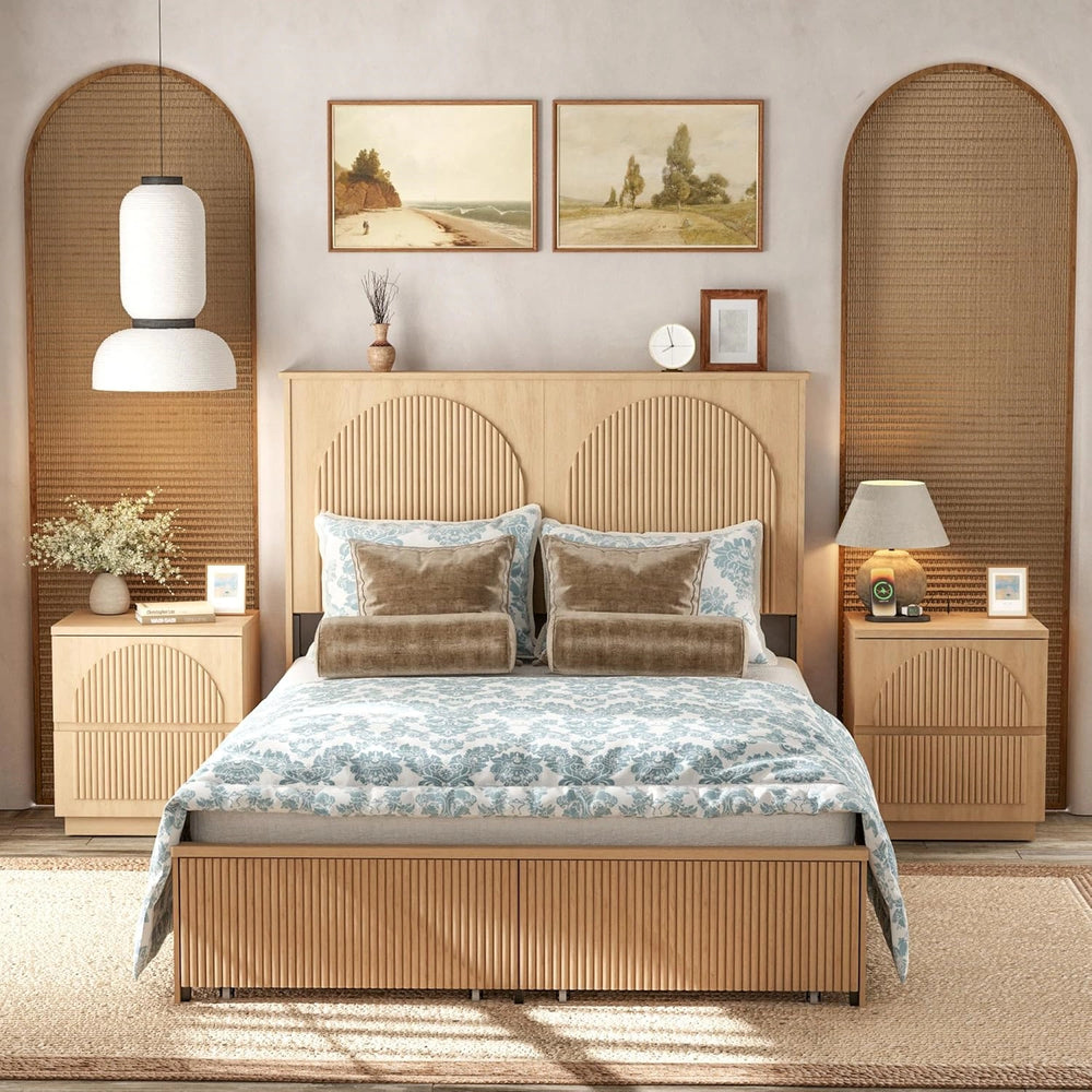 Yechen Modern Arched Reeded Wood Bed | 2 Storage Drawers | Natural Oak