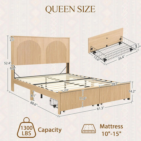 Yechen Modern Arched Reeded Wood Bed | 2 Storage Drawers | Natural Oak