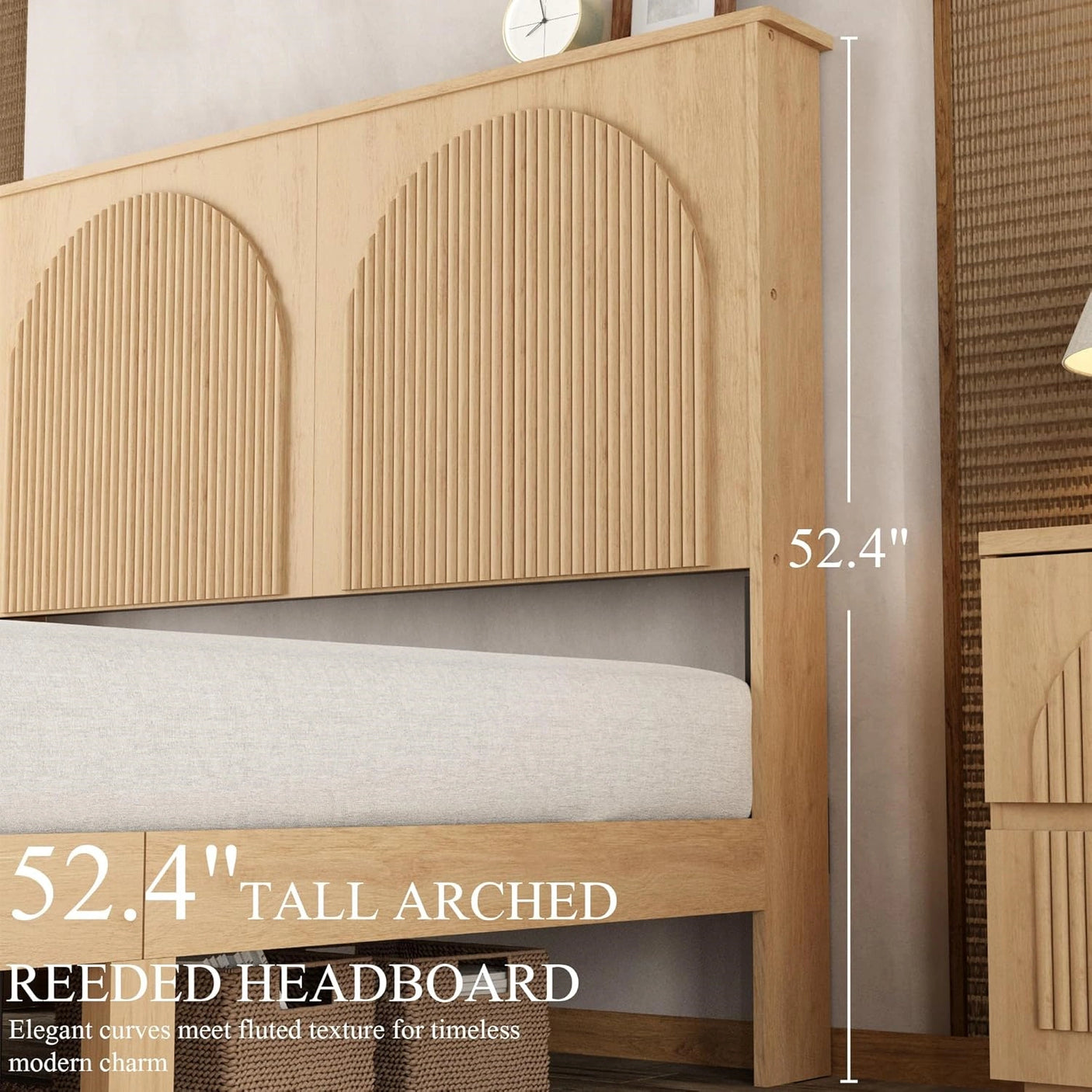 Yechen Modern Arched Reeded Wood Bed | 2 Storage Drawers | Natural Oak