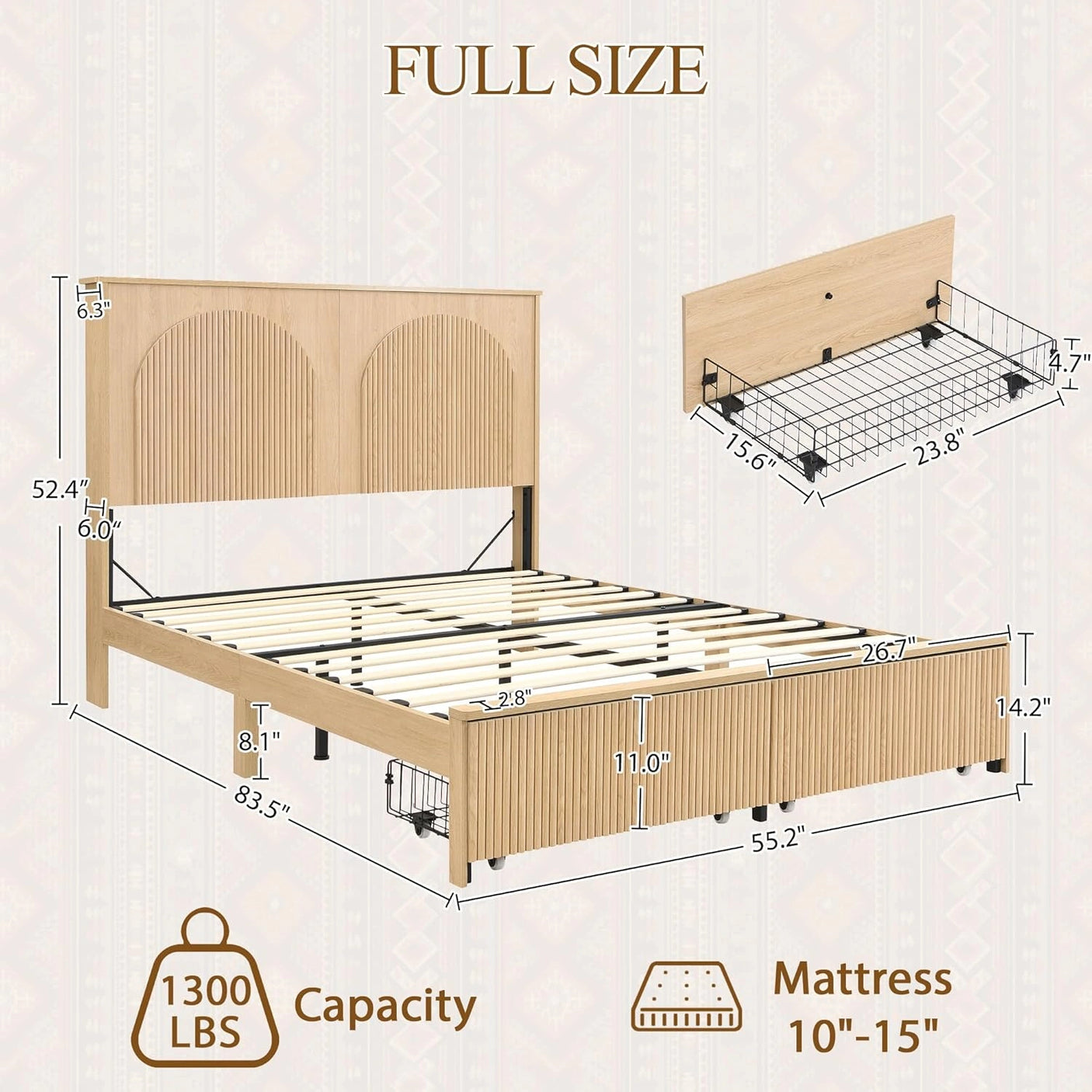 Yechen Modern Arched Reeded Wood Bed | 2 Storage Drawers | Natural Oak