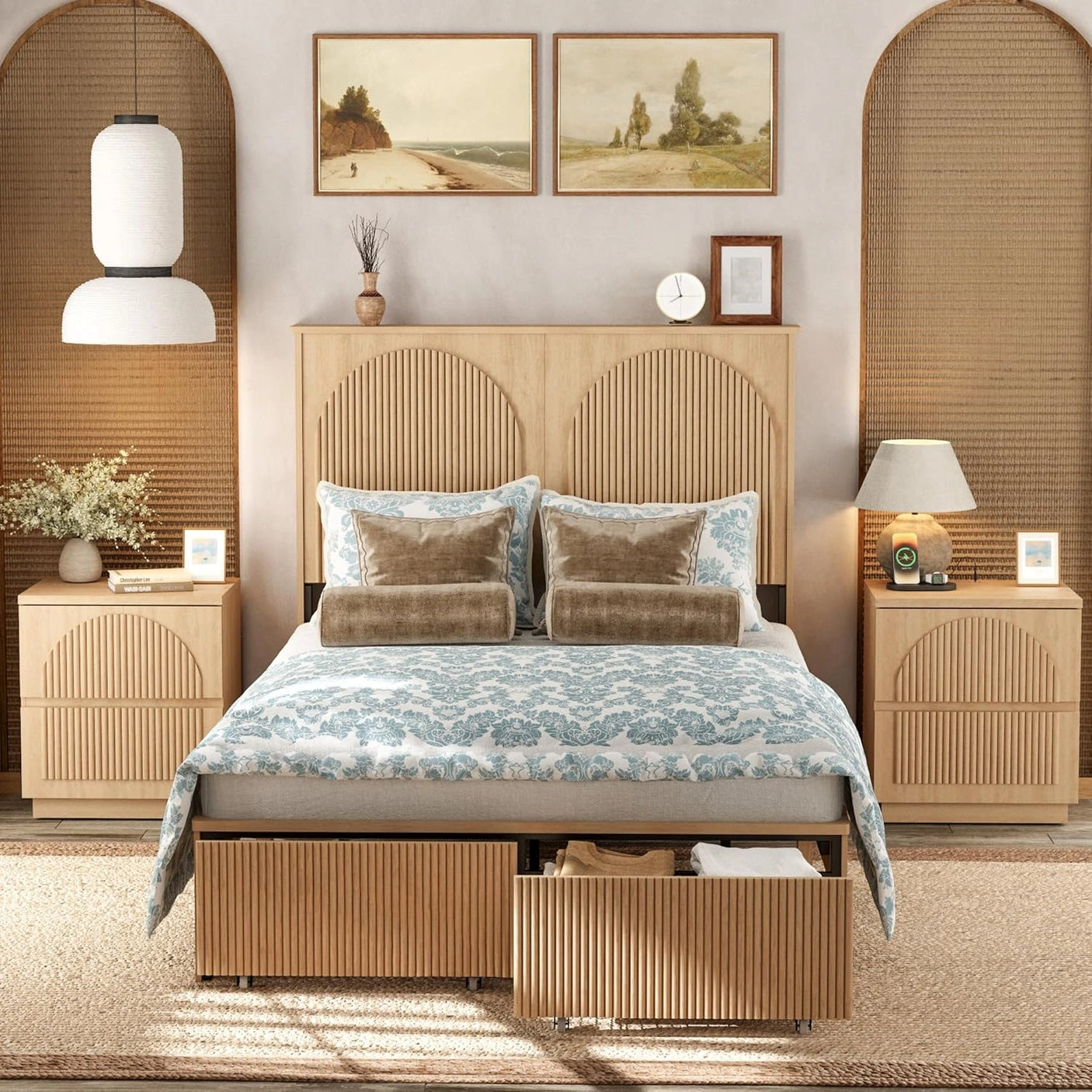 Yechen Modern Arched Reeded Wood Bed | 2 Storage Drawers | Natural Oak