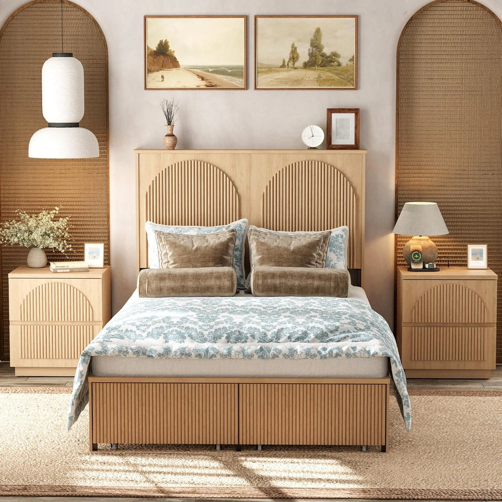 Yechen Modern Arched Reeded Wood Bed | 2 Storage Drawers | Natural Oak