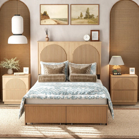 Yechen Modern Arched Reeded Wood Bed | 2 Storage Drawers | Natural Oak