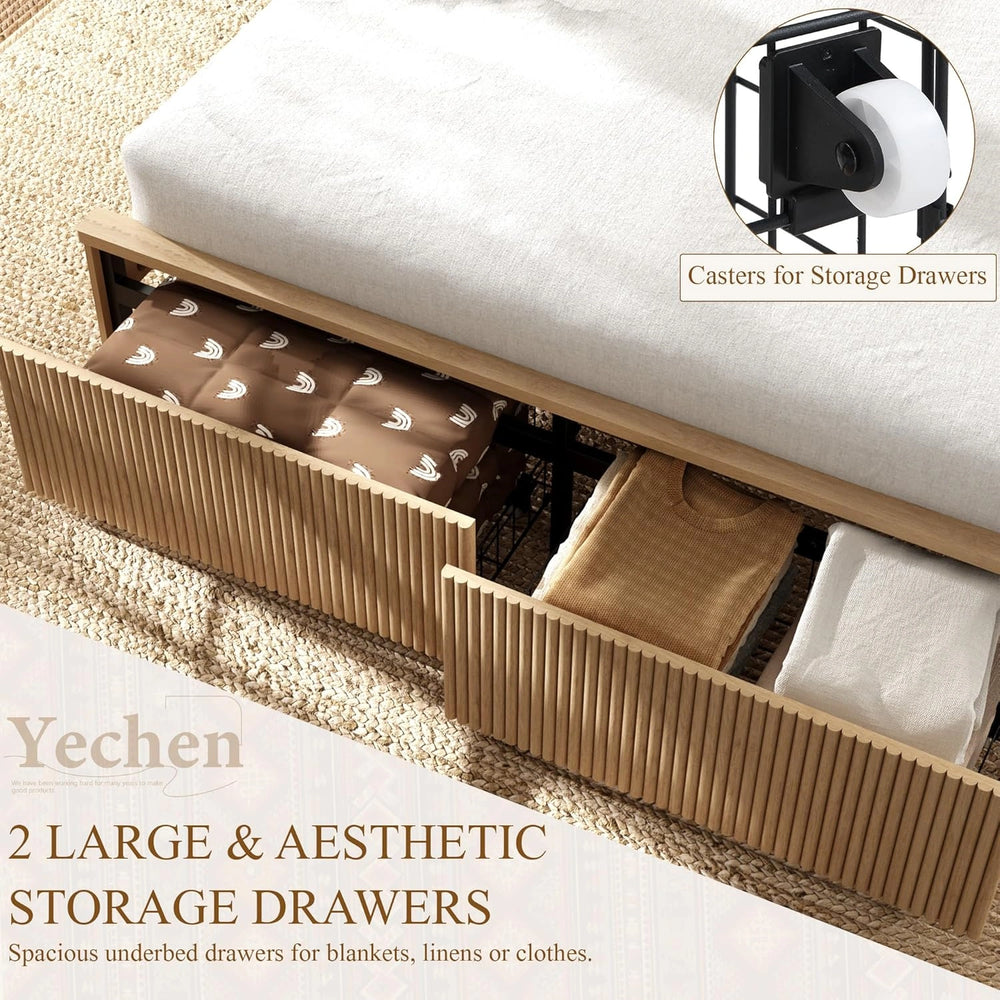 Yechen Modern Arched Reeded Wood Bed | 2 Storage Drawers | Natural Oak