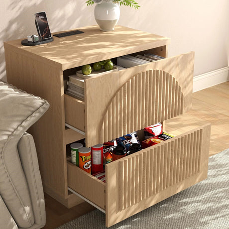 Yechen Modern Arched Reeded Wood Bed | 2 Storage Drawers | Natural Oak