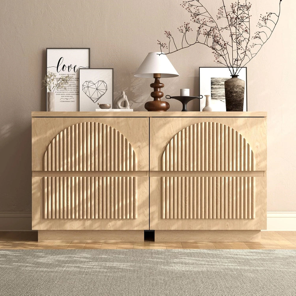Yechen Modern Arched Reeded Wood Bed | 2 Storage Drawers | Natural Oak