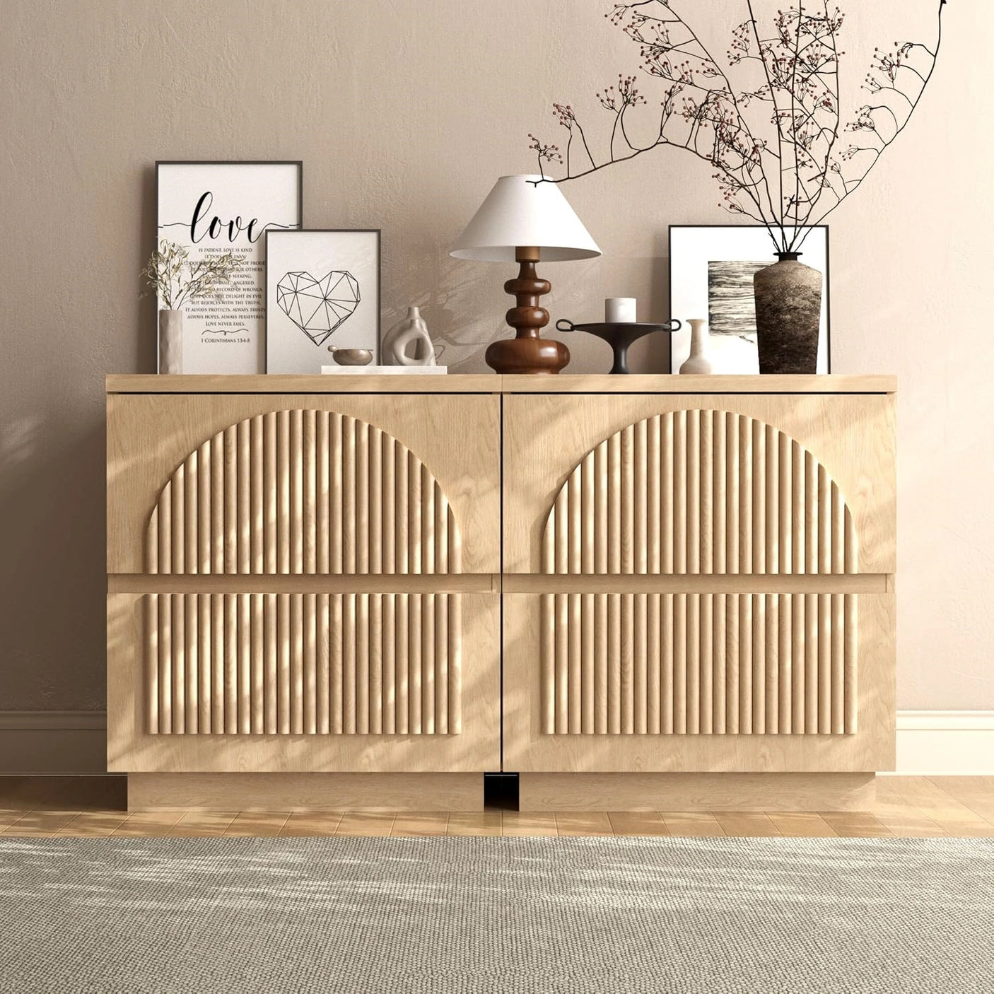 Yechen Modern Arched Reeded Wood Bed | 2 Storage Drawers | Natural Oak
