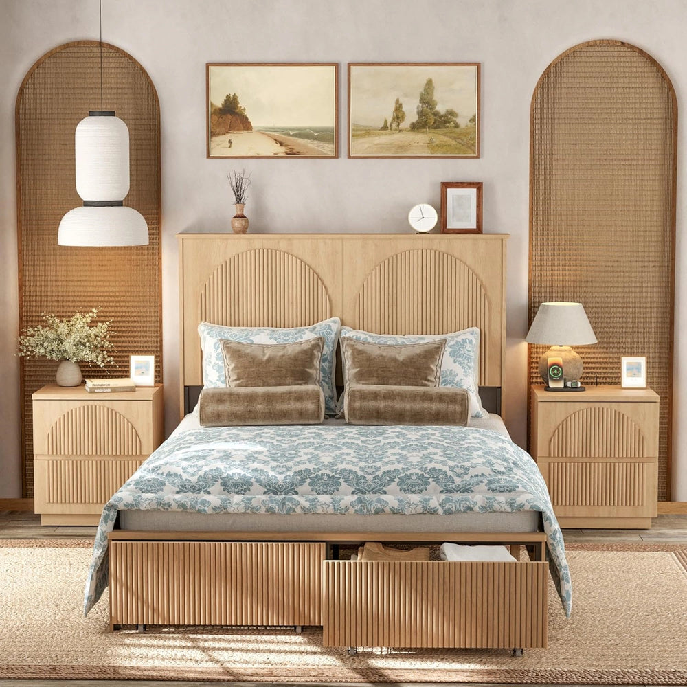Yechen Modern Arched Reeded Wood Bed | 2 Storage Drawers | Natural Oak