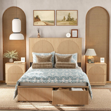 Yechen Modern Arched Reeded Wood Bed | 2 Storage Drawers | Natural Oak