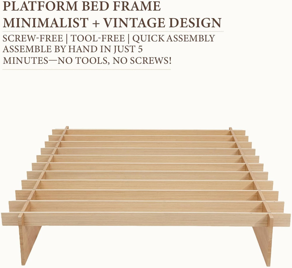 Yechen Solid Wood Platform Bed Frame Queen King Tool-Free Assembly Natural Oak 16