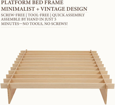 Yechen Solid Wood Platform Bed Frame Queen King Tool-Free Assembly Natural Oak 16