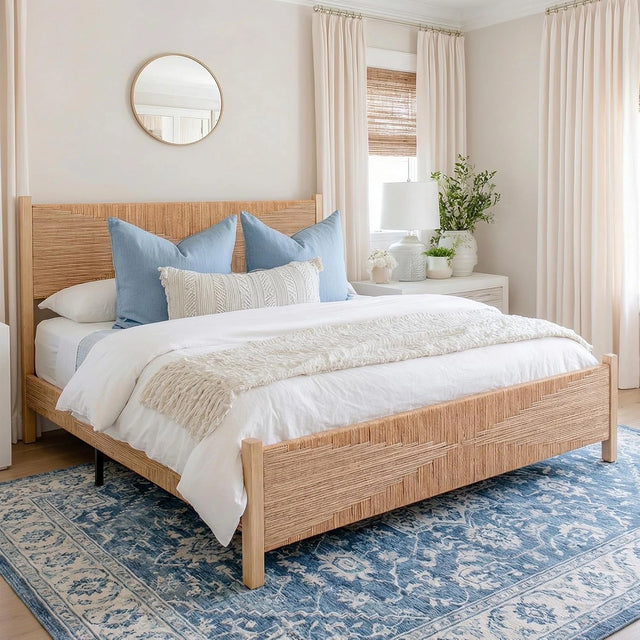 Yechen Solid Wood Rattan King Bed Frame with Tall Headboard and Footboard, Mid Century Modern Hand-Woven Rattan Bedframe with Vintage Pattern, Boho Wooden Bed with Metal Slats, No Box Spring Needed