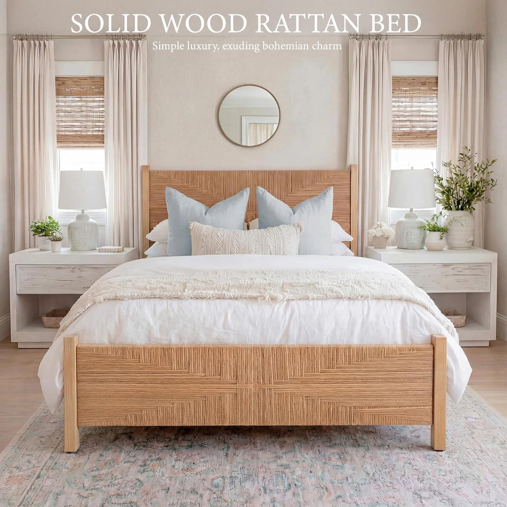 Yechen Solid Wood Rattan King Bed Frame with Tall Headboard and Footboard, Mid Century Modern Hand-Woven Rattan Bedframe with Vintage Pattern, Boho Wooden Bed with Metal Slats, No Box Spring Needed