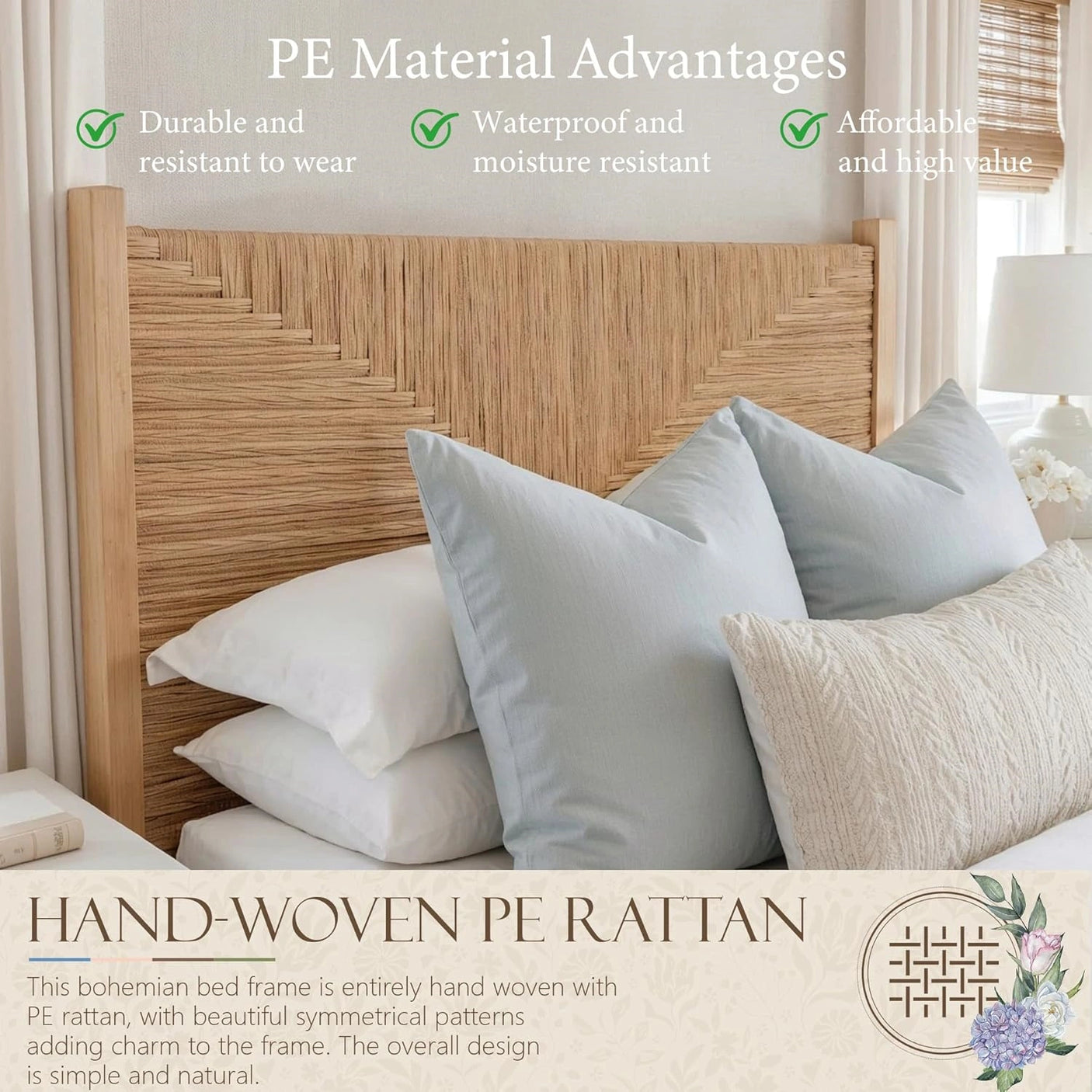 Yechen Solid Wood Rattan King Bed Frame with Tall Headboard and Footboard, Mid Century Modern Hand-Woven Rattan Bedframe with Vintage Pattern, Boho Wooden Bed with Metal Slats, No Box Spring Needed