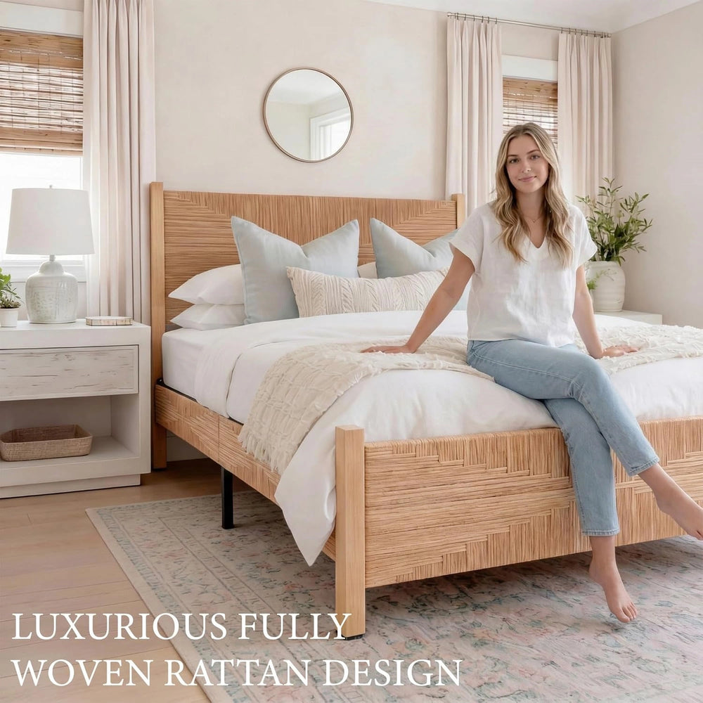 Yechen Solid Wood Rattan King Bed Frame with Tall Headboard and Footboard, Mid Century Modern Hand-Woven Rattan Bedframe with Vintage Pattern, Boho Wooden Bed with Metal Slats, No Box Spring Needed