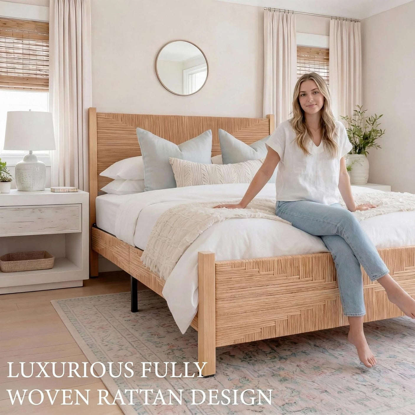 Yechen Solid Wood Rattan King Bed Frame with Tall Headboard and Footboard, Mid Century Modern Hand-Woven Rattan Bedframe with Vintage Pattern, Boho Wooden Bed with Metal Slats, No Box Spring Needed