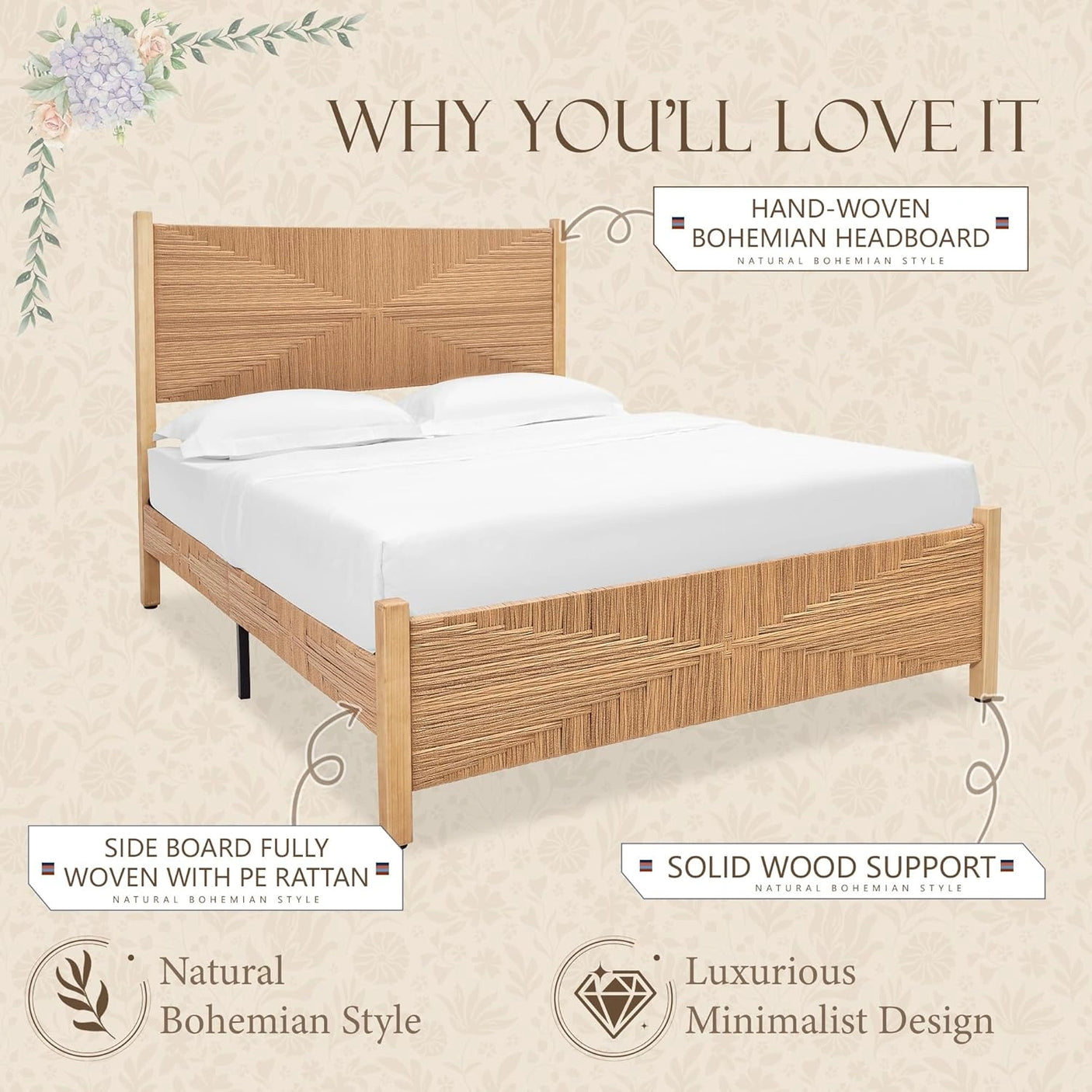 Yechen Solid Wood Rattan King Bed Frame with Tall Headboard and Footboard, Mid Century Modern Hand-Woven Rattan Bedframe with Vintage Pattern, Boho Wooden Bed with Metal Slats, No Box Spring Needed