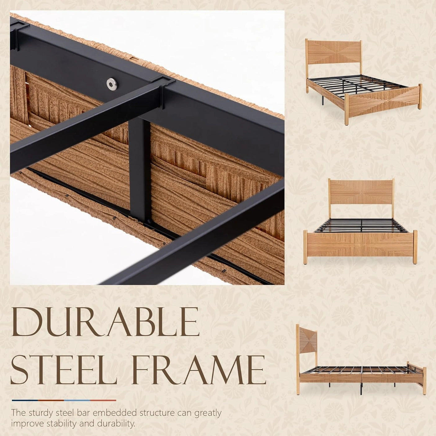 Yechen Solid Wood Rattan King Bed Frame with Tall Headboard and Footboard, Mid Century Modern Hand-Woven Rattan Bedframe with Vintage Pattern, Boho Wooden Bed with Metal Slats, No Box Spring Needed