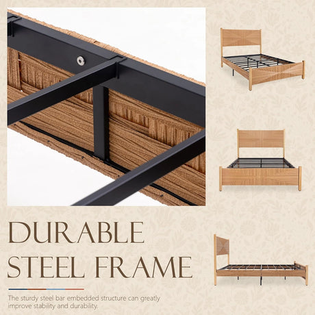 Yechen Solid Wood Rattan King Bed Frame with Tall Headboard and Footboard, Mid Century Modern Hand-Woven Rattan Bedframe with Vintage Pattern, Boho Wooden Bed with Metal Slats, No Box Spring Needed