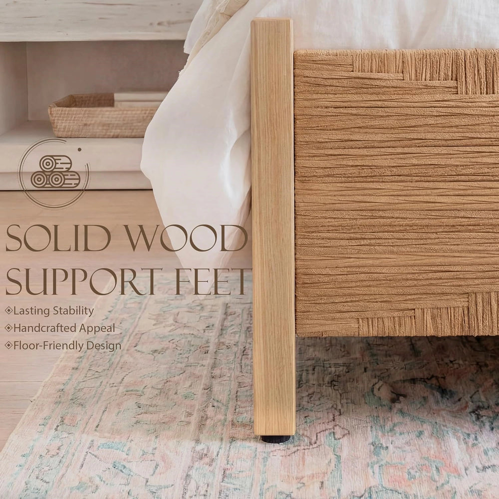 Yechen Solid Wood Rattan King Bed Frame with Tall Headboard and Footboard, Mid Century Modern Hand-Woven Rattan Bedframe with Vintage Pattern, Boho Wooden Bed with Metal Slats, No Box Spring Needed