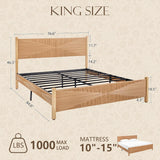 Yechen Solid Wood Rattan King Bed Frame with Tall Headboard and Footboard, Mid Century Modern Hand-Woven Rattan Bedframe with Vintage Pattern, Boho Wooden Bed with Metal Slats, No Box Spring Needed