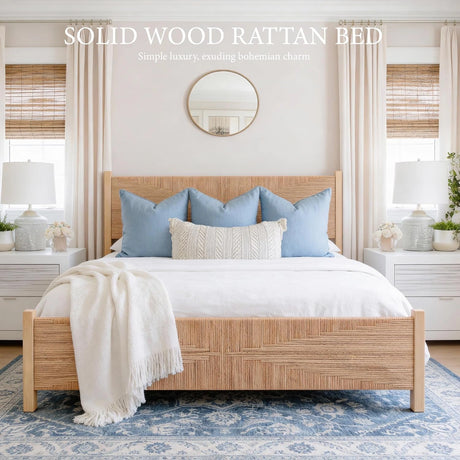 Yechen Solid Wood Rattan King Bed Frame with Tall Headboard and Footboard, Mid Century Modern Hand-Woven Rattan Bedframe with Vintage Pattern, Boho Wooden Bed with Metal Slats, No Box Spring Needed