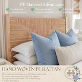 Yechen Solid Wood Rattan King Bed Frame with Tall Headboard and Footboard, Mid Century Modern Hand-Woven Rattan Bedframe with Vintage Pattern, Boho Wooden Bed with Metal Slats, No Box Spring Needed