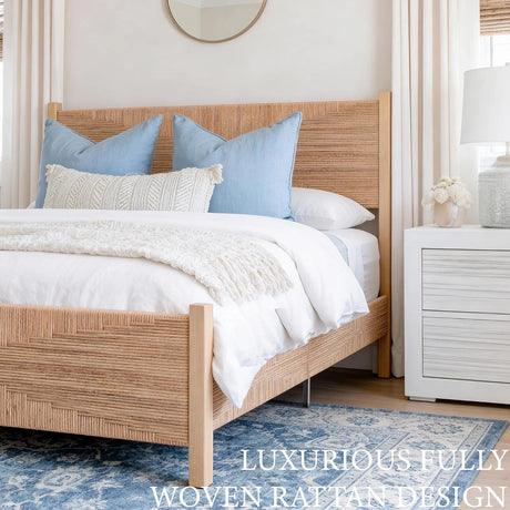 Yechen Solid Wood Rattan King Bed Frame with Tall Headboard and Footboard, Mid Century Modern Hand-Woven Rattan Bedframe with Vintage Pattern, Boho Wooden Bed with Metal Slats, No Box Spring Needed