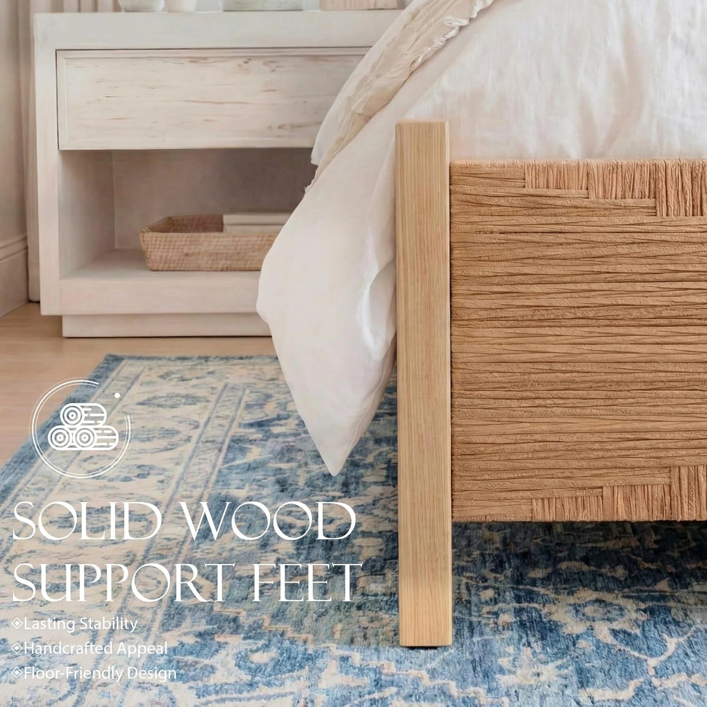 Yechen Solid Wood Rattan King Bed Frame with Tall Headboard and Footboard, Mid Century Modern Hand-Woven Rattan Bedframe with Vintage Pattern, Boho Wooden Bed with Metal Slats, No Box Spring Needed