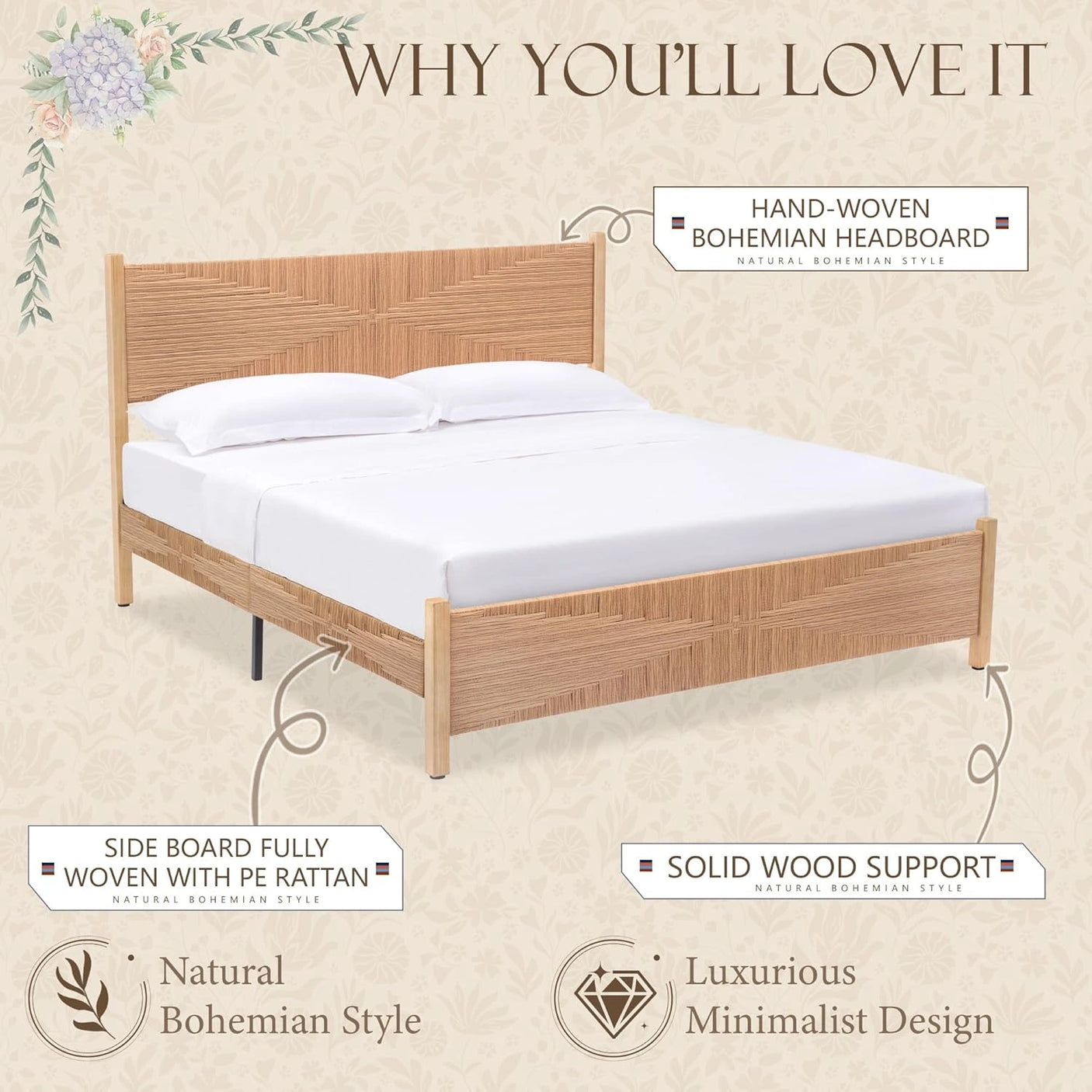 Yechen Solid Wood Rattan King Bed Frame with Tall Headboard and Footboard, Mid Century Modern Hand-Woven Rattan Bedframe with Vintage Pattern, Boho Wooden Bed with Metal Slats, No Box Spring Needed