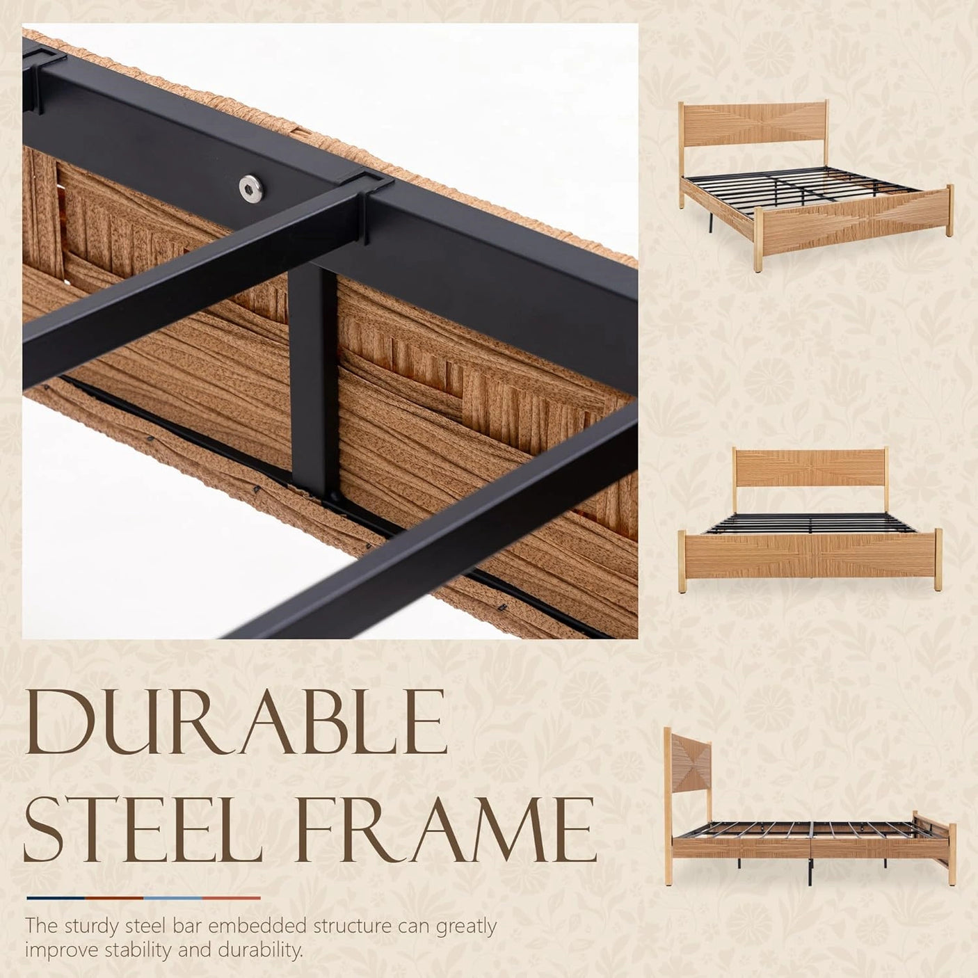 Yechen Solid Wood Rattan King Bed Frame with Tall Headboard and Footboard, Mid Century Modern Hand-Woven Rattan Bedframe with Vintage Pattern, Boho Wooden Bed with Metal Slats, No Box Spring Needed