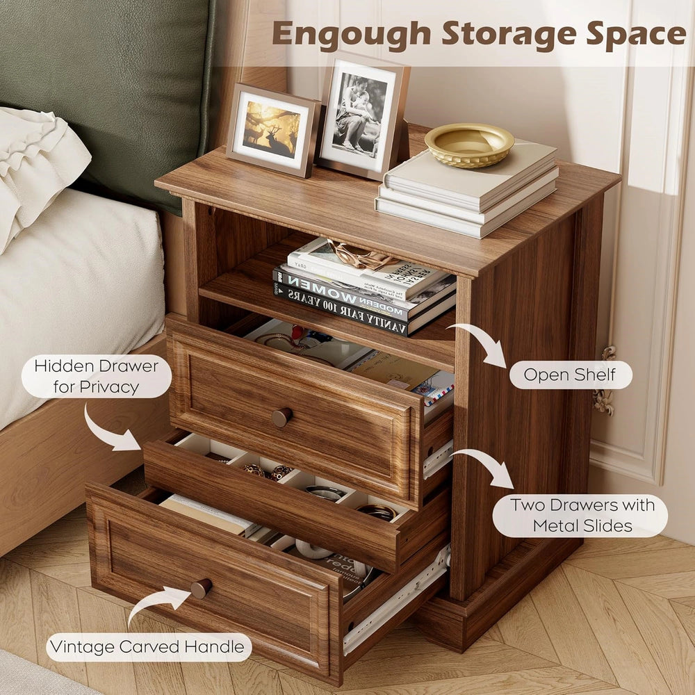 Yechen White Nightstand with Hidden Drawer, 2-Drawer Nightstand – Sturdy Wood Bedroom End Table with Storage, Modern Furniture for Bedroom Organization