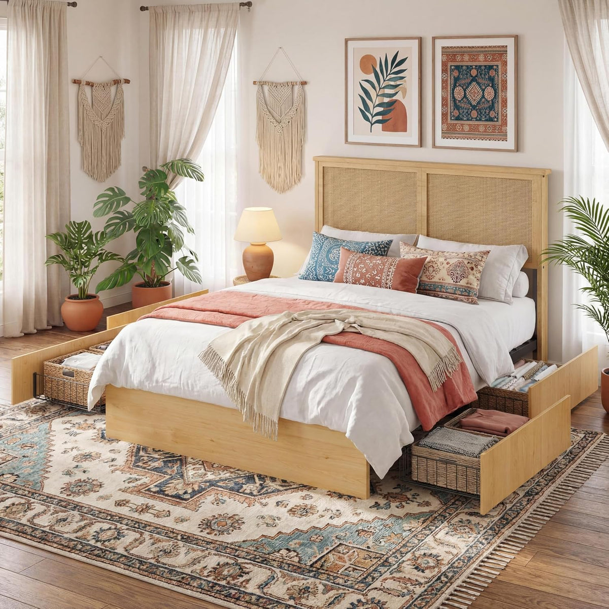 Boho Natural Rattan Bed Frame with 4 Storage Drawers | Sturdy Metal Support
