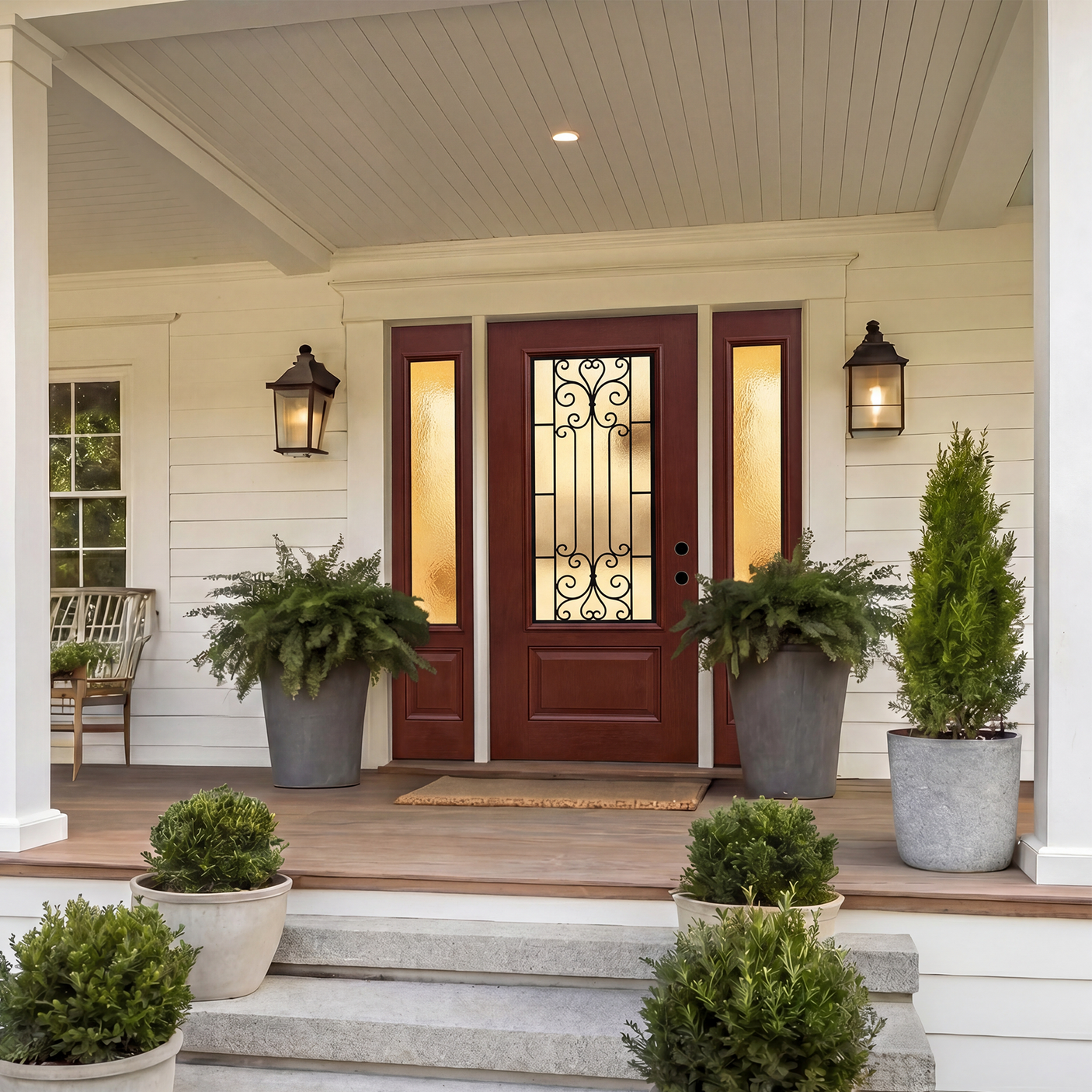 36" x 80" Red Fiberglass Entry Door with 3/4 Lite Wrought Iron Glass, Left or Right Hand Inswing, Classic Style Front Door with 4-9/16" White Vinyl Frame and Brickmould