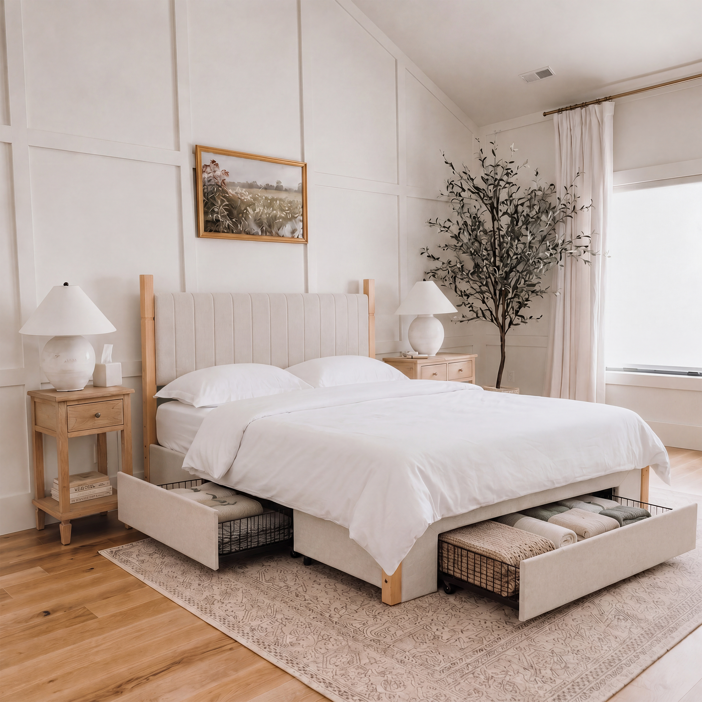 Yechen Queen Bed Frame with Storage | 3-Drawer Linen Platform Bed, Noise-Free Slats, Beige
