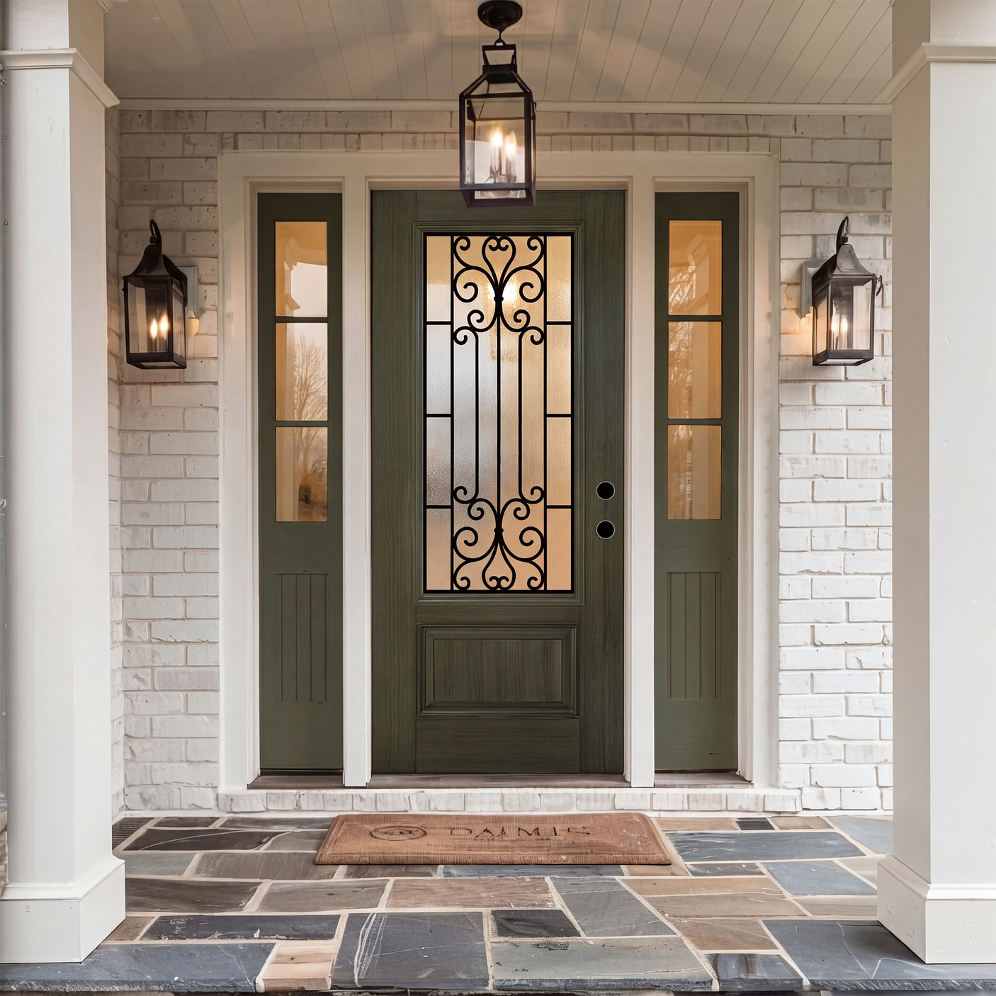 36" x 80" Green Fiberglass Entry Door with 3/4 Lite Wrought Iron Glass, Left or Right Hand Inswing, Classic Style Front Door with 4-9/16" White Vinyl Frame and Brickmould