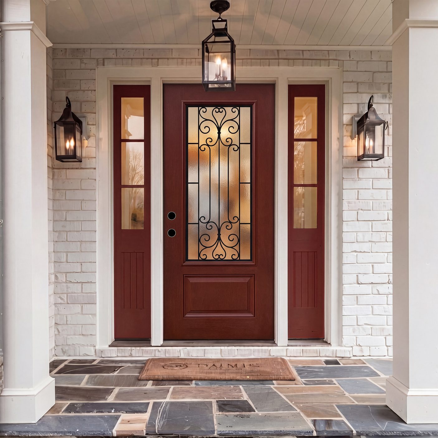 36" x 80" Red Fiberglass Entry Door with 3/4 Lite Wrought Iron Glass, Left or Right Hand Inswing, Classic Style Front Door with 4-9/16" White Vinyl Frame and Brickmould