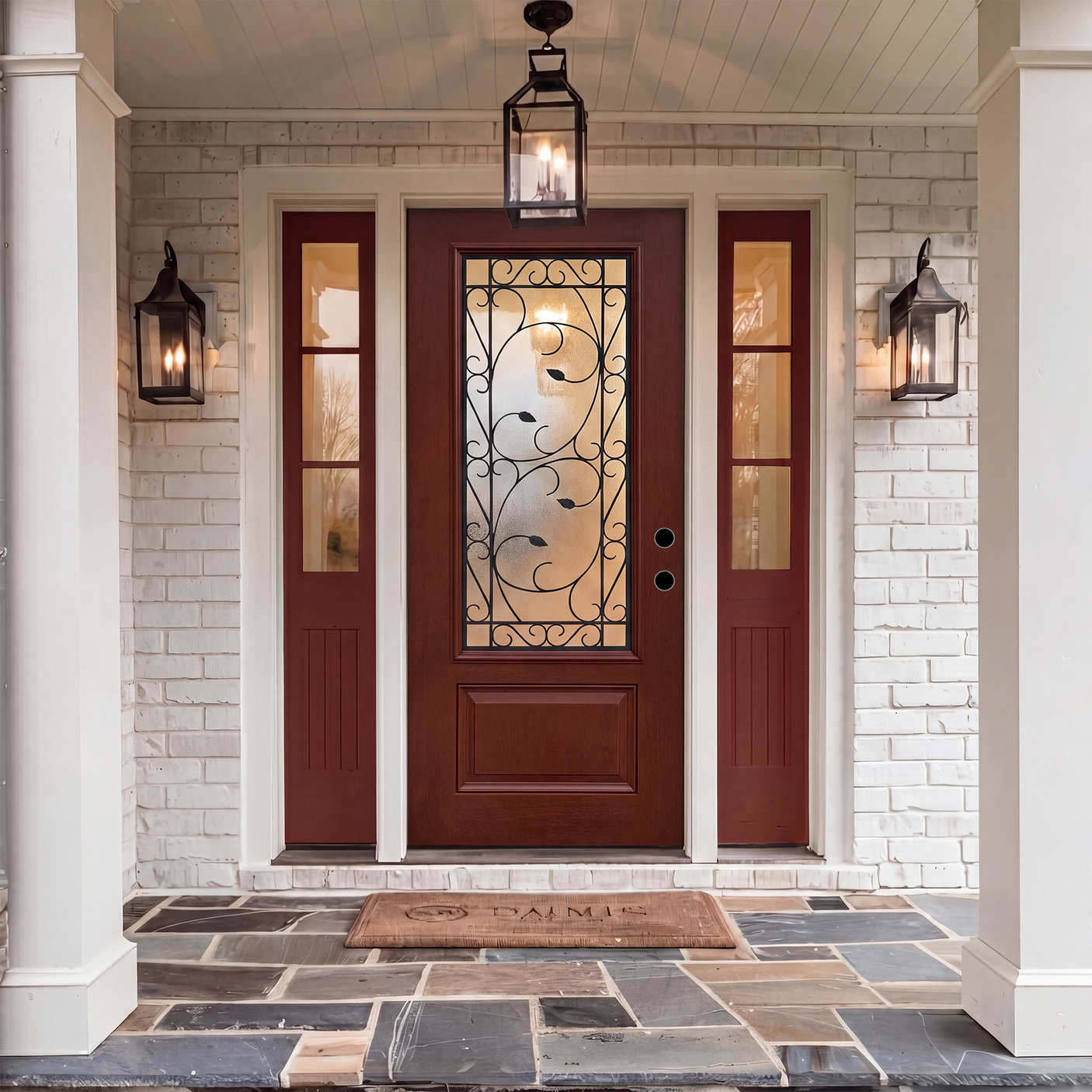 36" x 80" Red Fiberglass Entry Door with 3/4 Lite Wrought Iron Glass, Left or Right Hand Inswing, Classic Style Front Door with 4-9/16" White Vinyl Frame and Brickmould